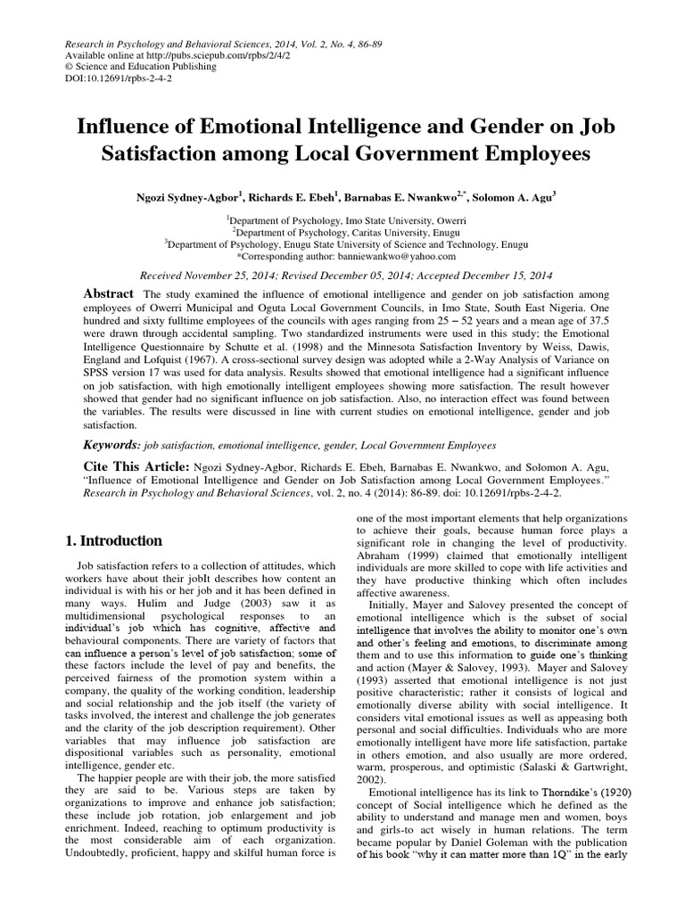 Emotional Intelligence and Job Satisfaction | PDF | Job Satisfaction ...