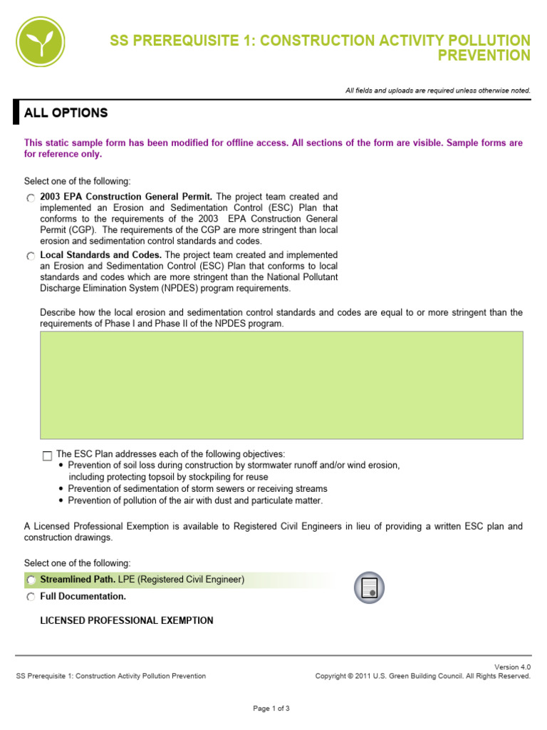 2 1 E 1 3 Usgbc Sample Form Ss Prerequisite 1 Construction
