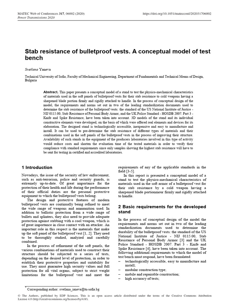 Stab Resistance of Bulletproof Vests. A Conceptual Model of Test Bench ...