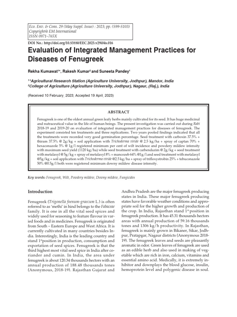 Evaluation of Integrated Management Practices For Diseases of Fenugreek ...