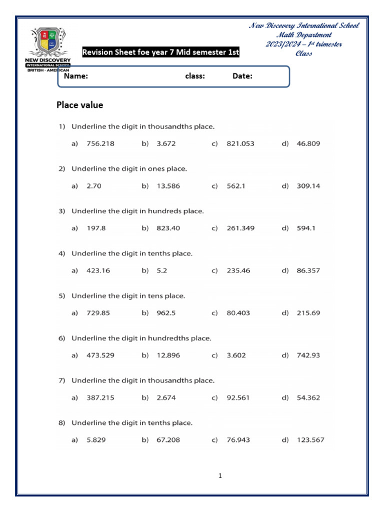 Worksheet Year7 Mid Semester 1st | PDF