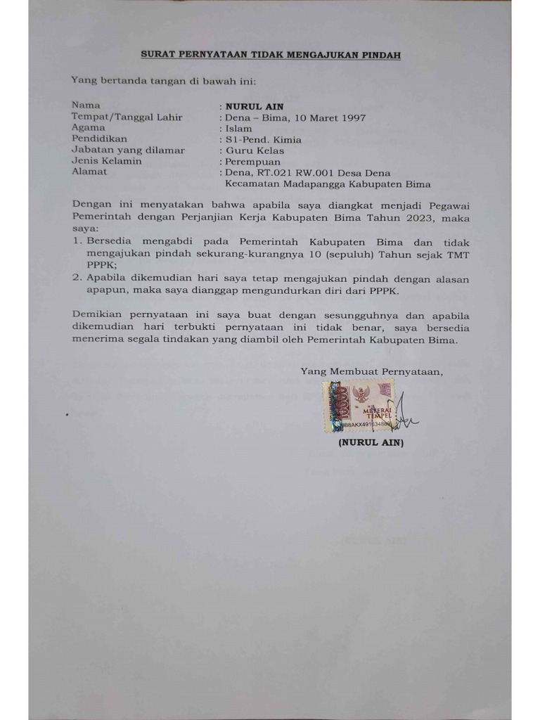 Surat Pernyataan Tidak Pindah Dan Surat Pernyataan | PDF