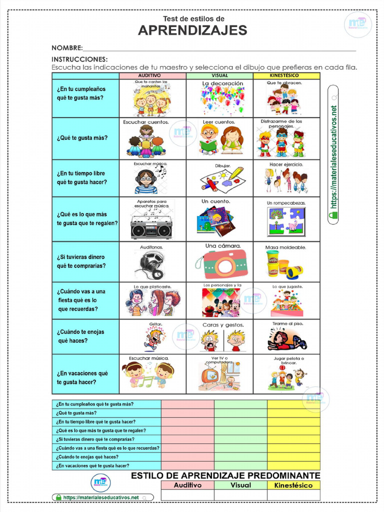 TEST DE ESTILO DE APRENDIZAJES FORMATO 2 | PDF