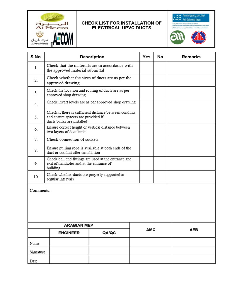UPVC Duct Installation Checklist | PDF | Technology & Engineering