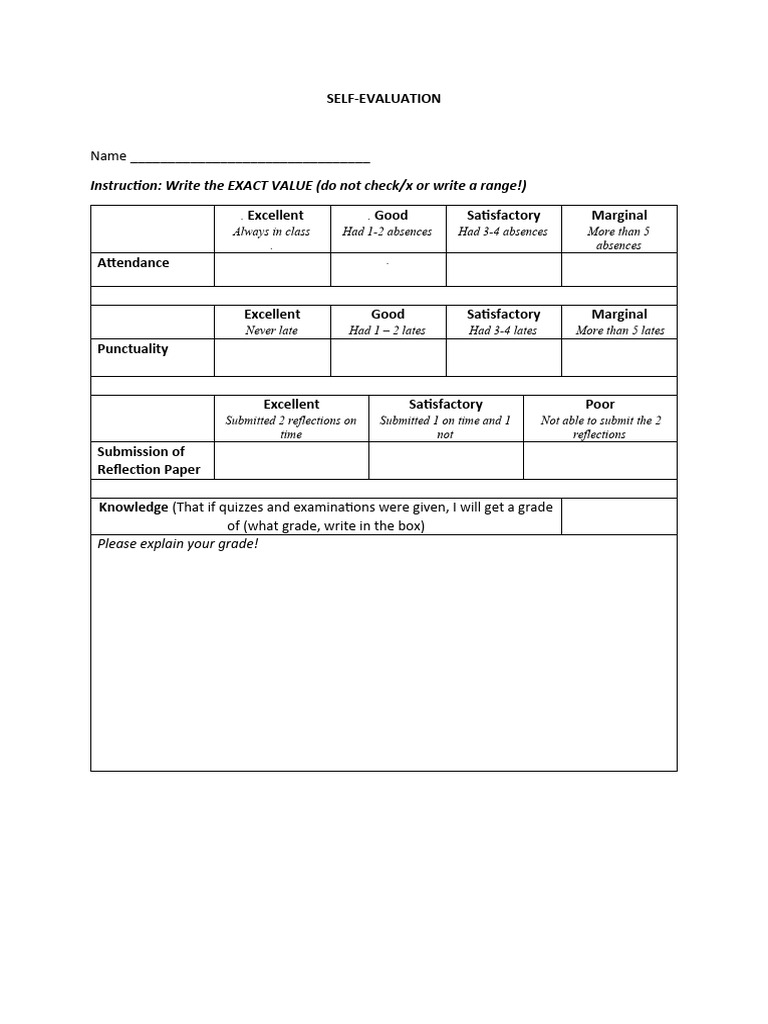 6 Self Evaluation Of Attendance Punctuality Reflection And Knowledge