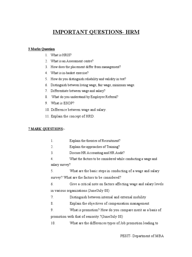 Key HRM Questions for BBA Students | PDF | Career & Growth