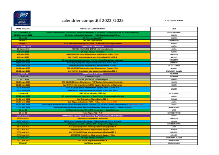 Calendrier Des Compétitions 2022 2023 Version Du 24 11 2022 PDF