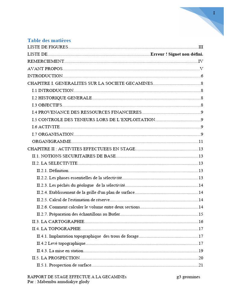 Rapport de stage à la Gécamines | PDF