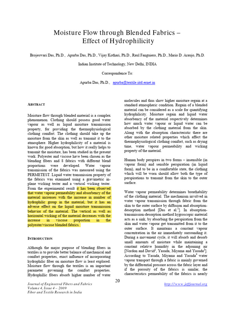 Moisture Flow in Polyester-Viscose Fabrics | PDF