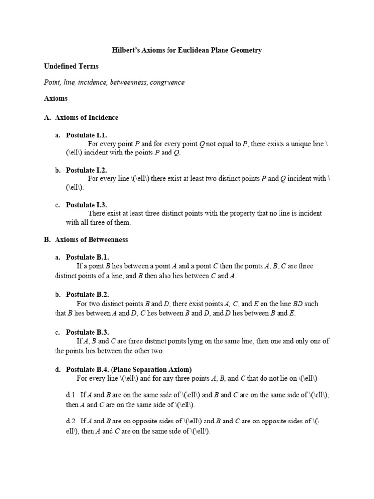 Hilbert's Axioms of Euclidean Geometry | PDF | Teaching Methods ...