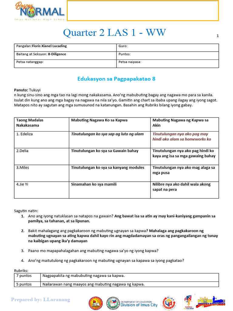 ESP Quarter 2 LAS 1 - WW | PDF