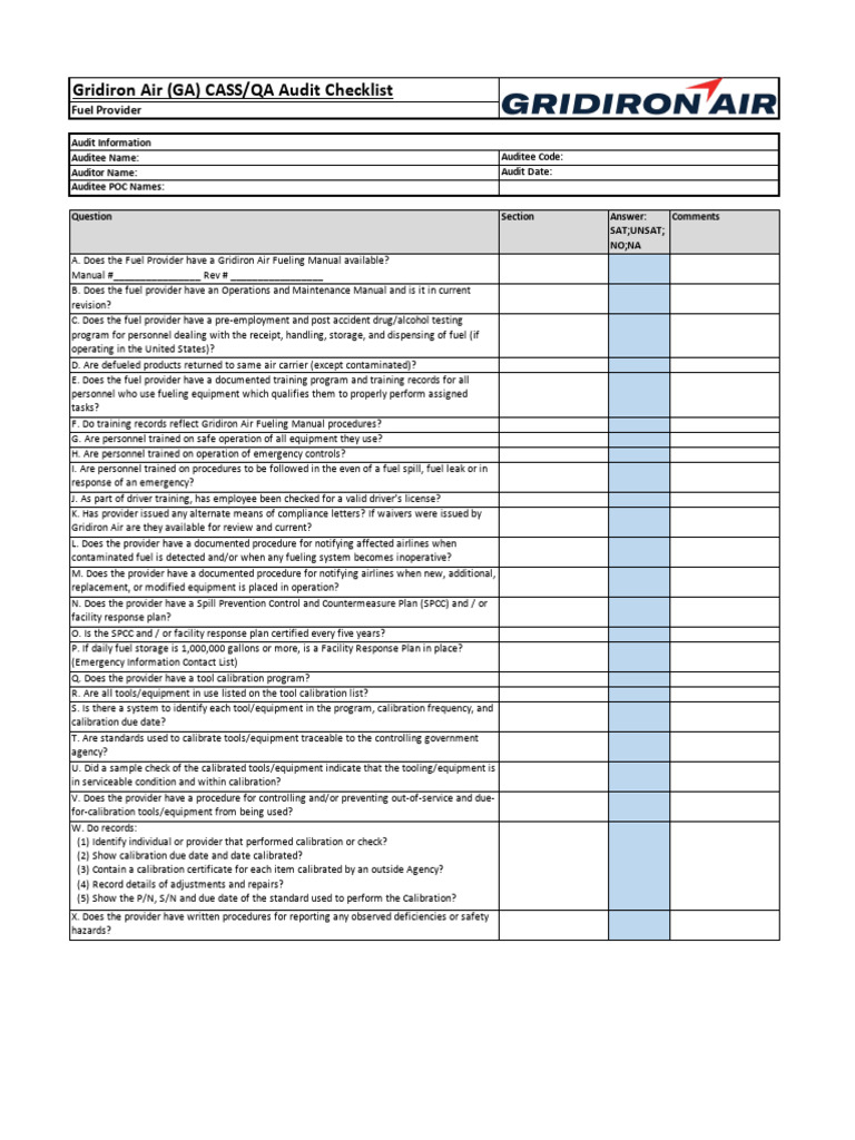 Fuel Provider Audit Checklist PDF Calibration Audit