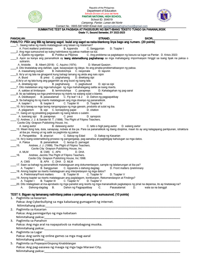 Pagbasa Summative Fourth Quarter Pdf