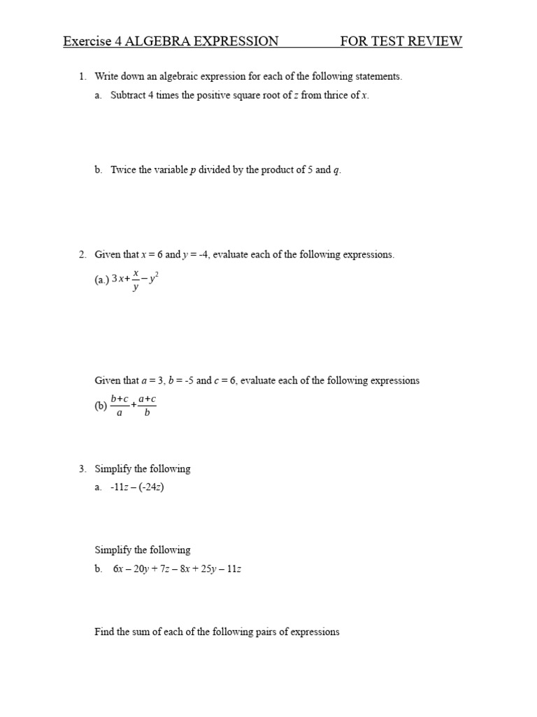 7 Math Algebra Expression 7.4 Review For Test | PDF