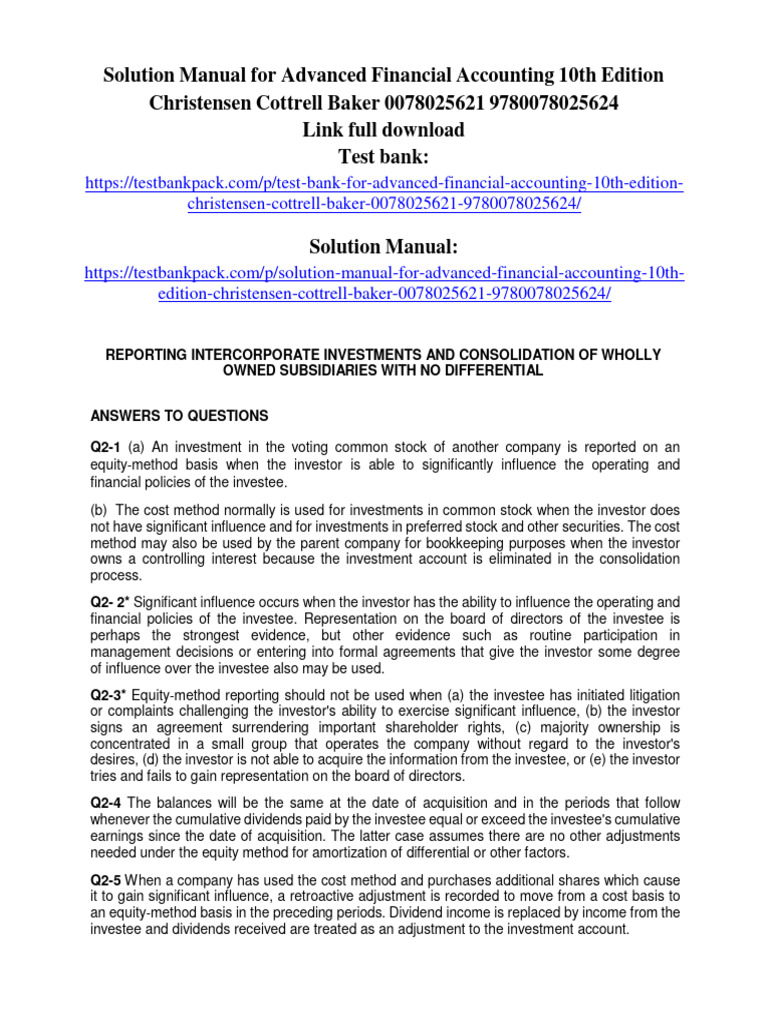 Solution Manual For Advanced Financial Accounting 10th Edition