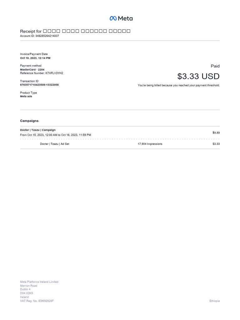 Receipt for Meta Ads Payment | PDF