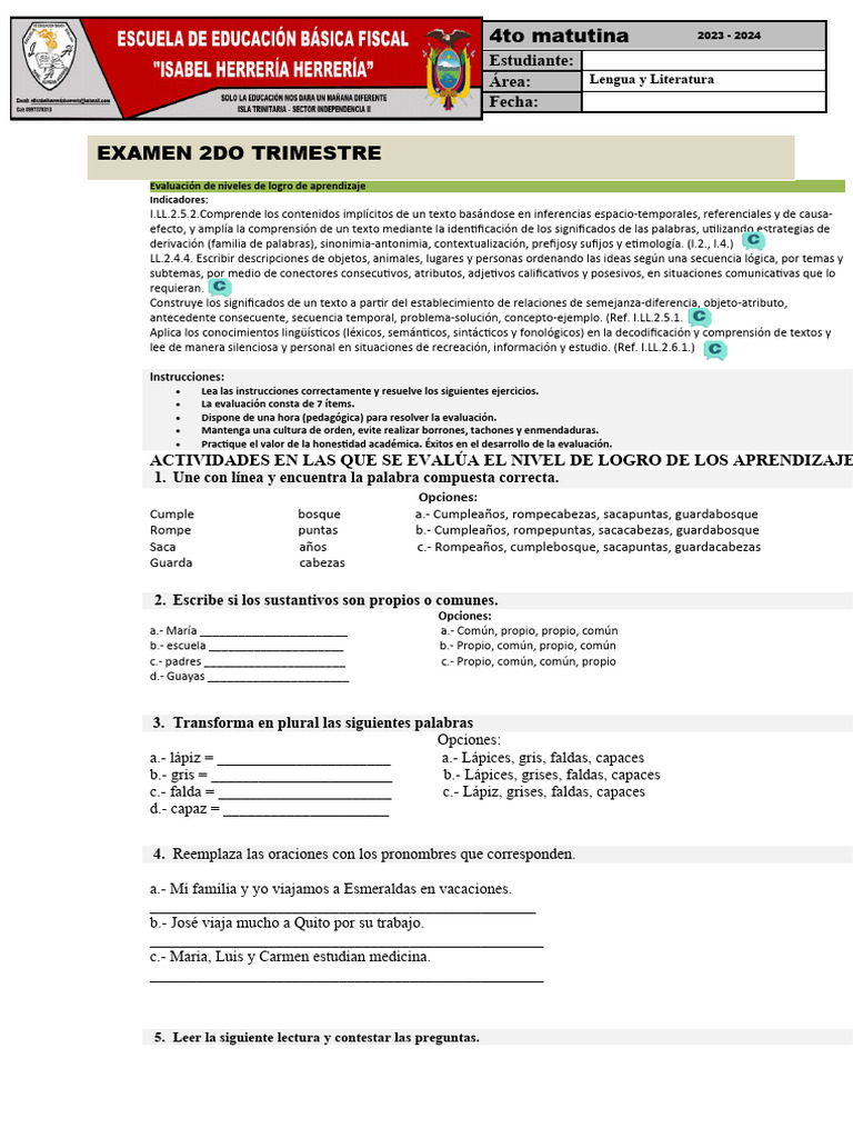4to Lengua Examen 2do Trimestre 2023-2024 | PDF | Artes del Lenguaje y ...