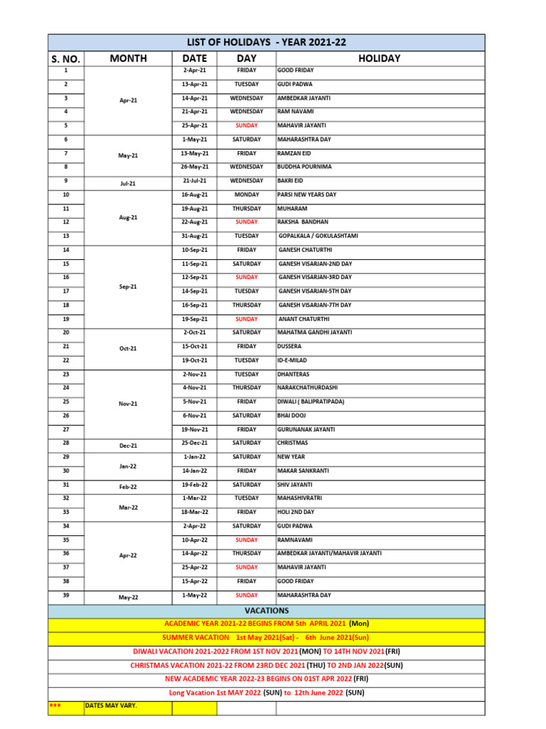 Holiday List 2021 2022 PDF