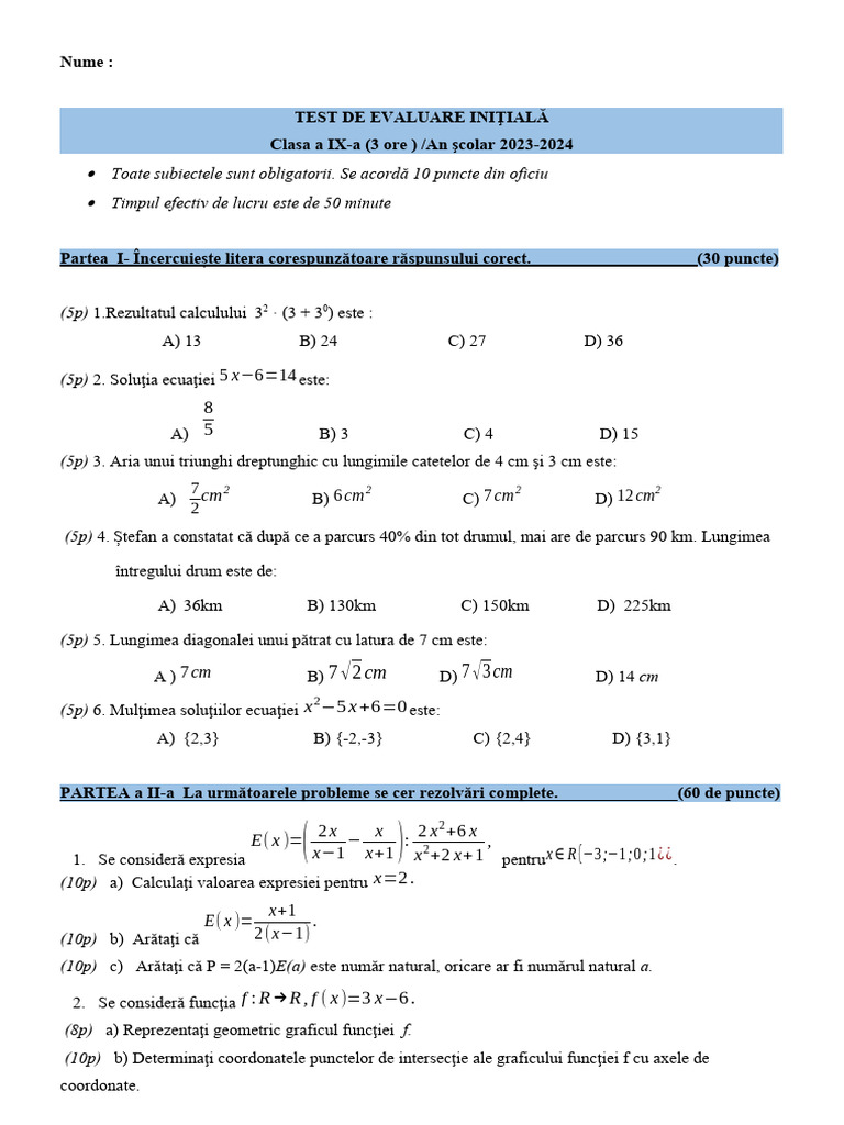 Test de Evaluare Initiala Clasa A Ixa | PDF
