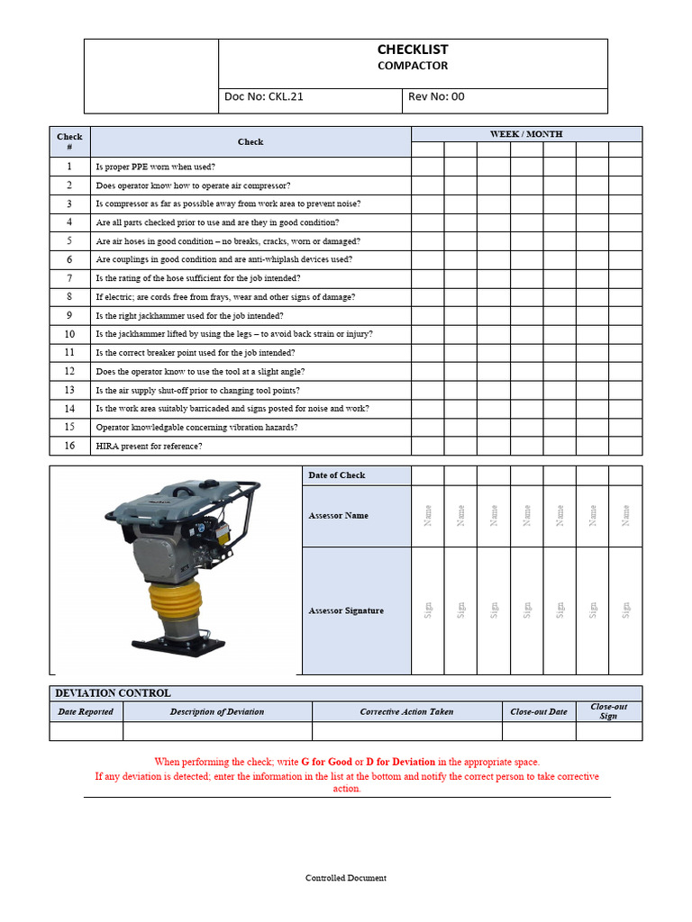 Plate Compactor Checklist PDF