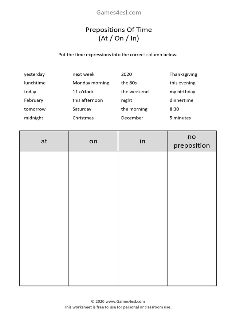 Prepositions of time worksheet complete the table pdf