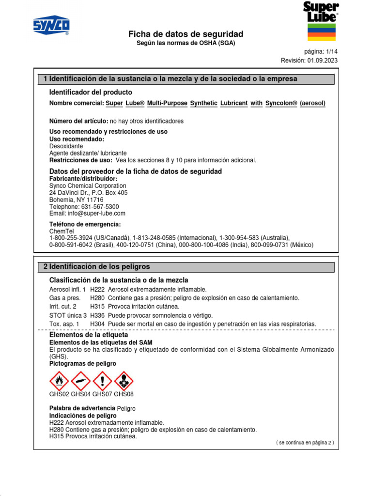 SDS Super Lube MultiPurpose Aerosol OSHA Spanish Sds PDF Residuos