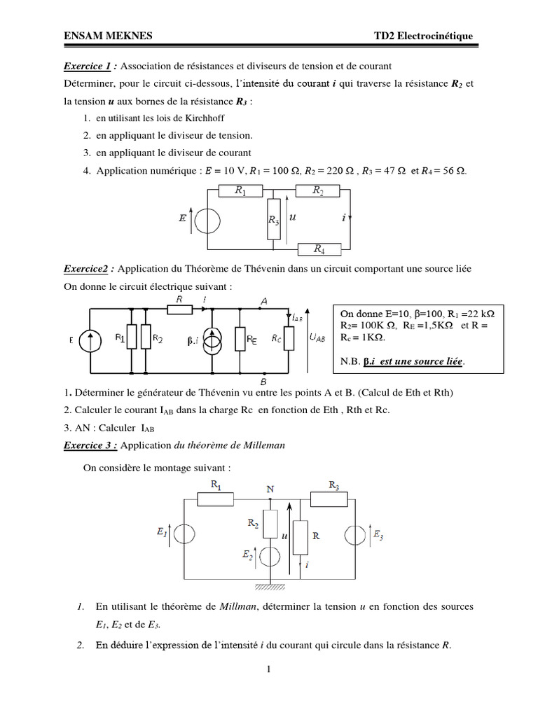 TD2 d'Électrocinétique : Exercices Corrigés | PDF | Tension électrique ...
