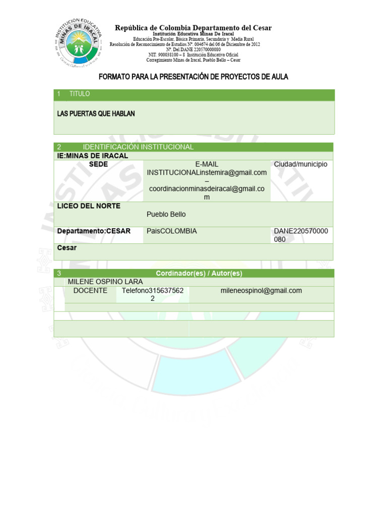 Formato para La Presentación de Proyectos de Aula | PDF