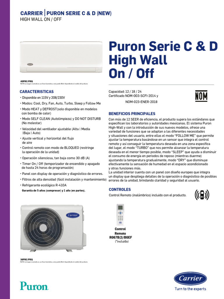 Carrier Puron Serie C & D: Especificaciones | PDF | Tecnología