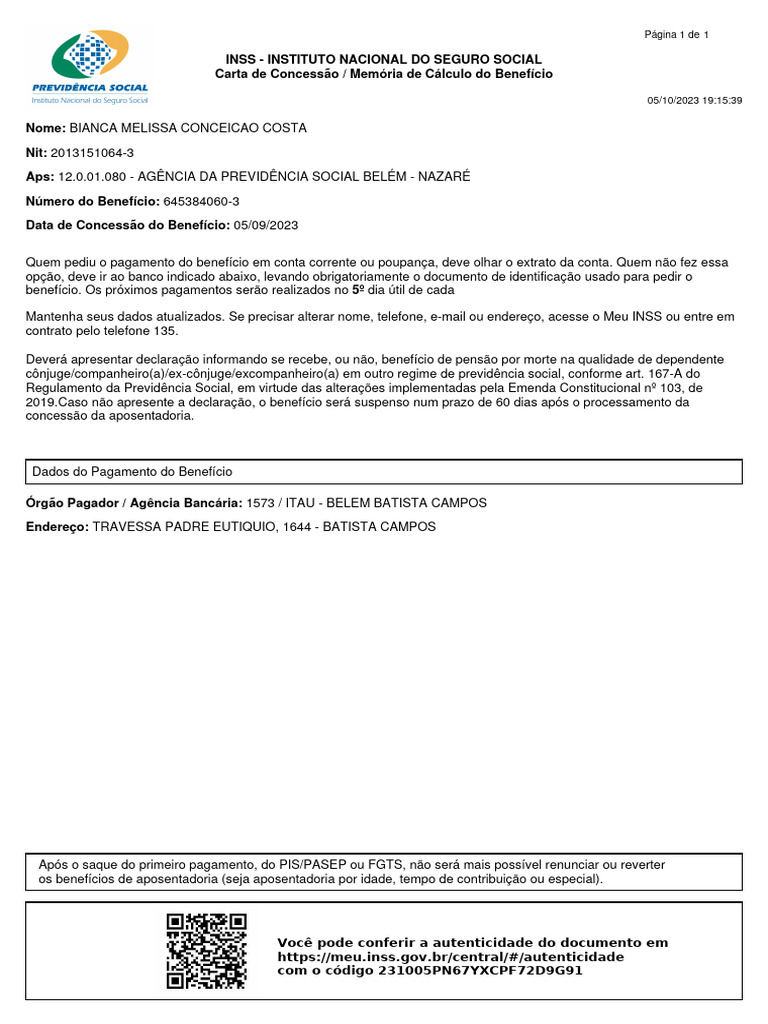 Carta de Concessão de Aposentadoria INSS | PDF | Finanças e ...