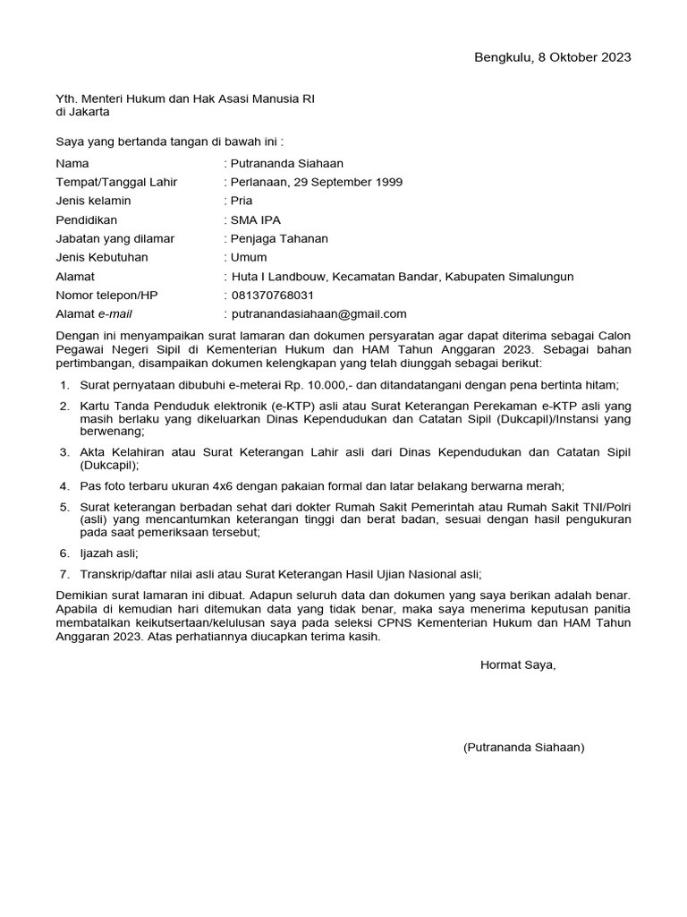 Surat Lamaran CPNS 2023 SLTA | PDF