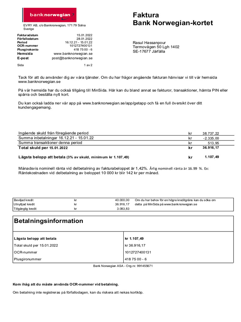 Faktura Bank Norwegian-Kortet: Betalningsinformation | PDF