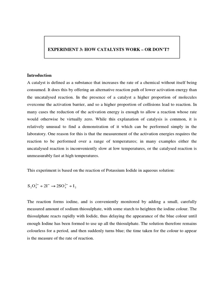 Experiment 3 How Catalysts Work or Do Not PDF