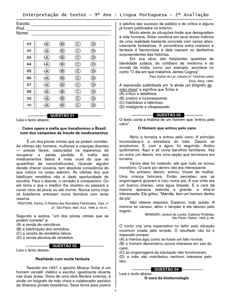 Interpretação de Textos 9º Ano | PDF