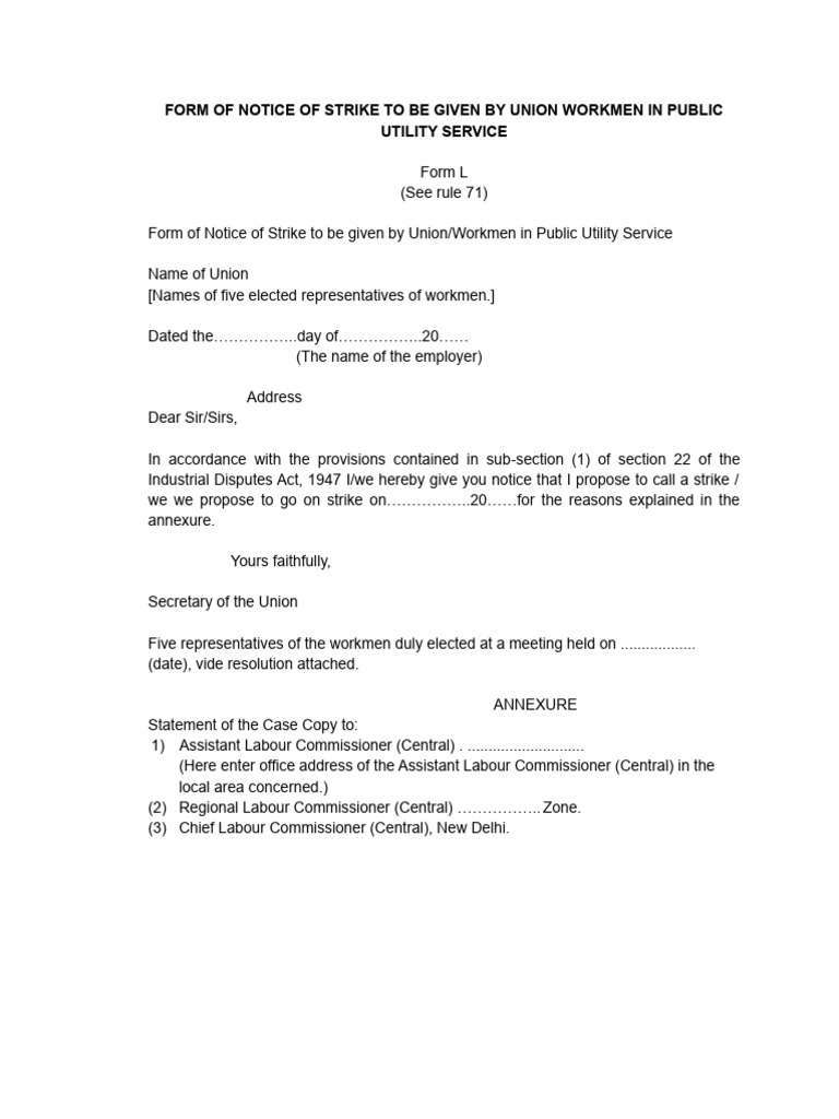 Form of Notice of Strike To Be Given by Union Workmen in Public Utility ...