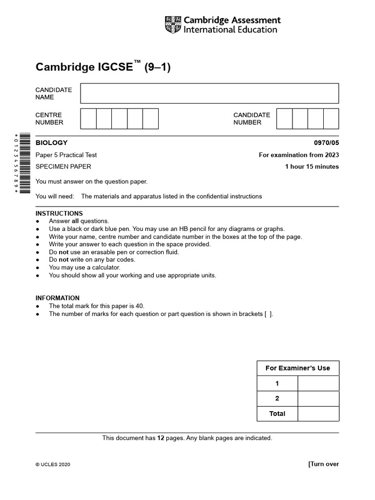 Specimen 2023 (91) QP Paper 5 CIE Biology IGCSE PDF Catalase