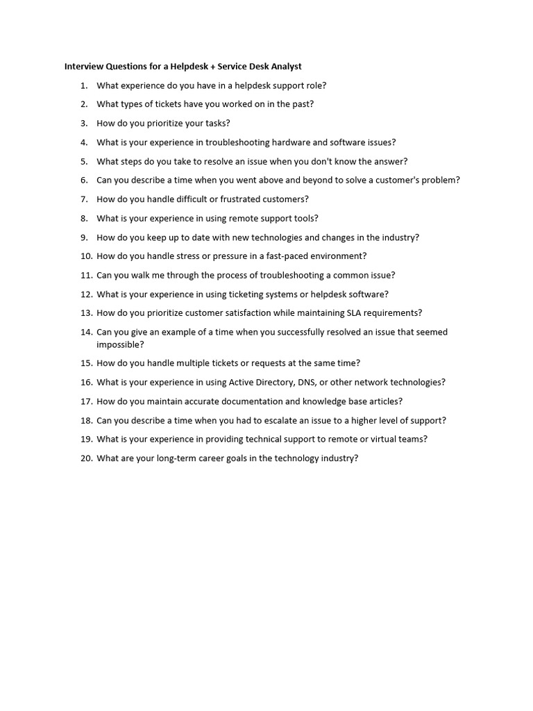 Interview Questions For A Helpdesk Service Desk Analyst PDF