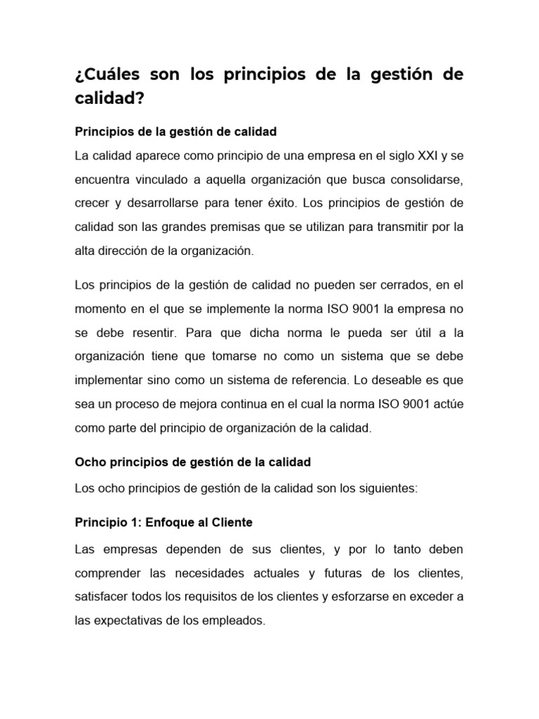 Principios de La Gestion de La Calidad | PDF | Negocios | Finanzas y dinero