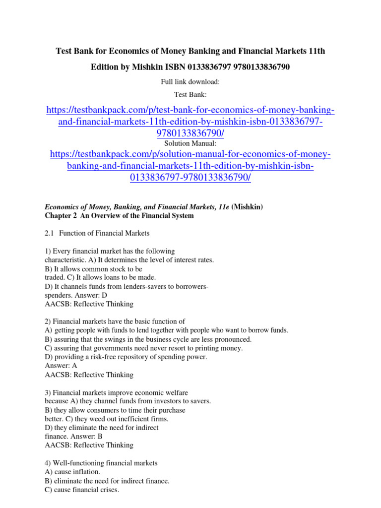 Test Bank For Economics of Money Banking and Financial Markets 11th ...