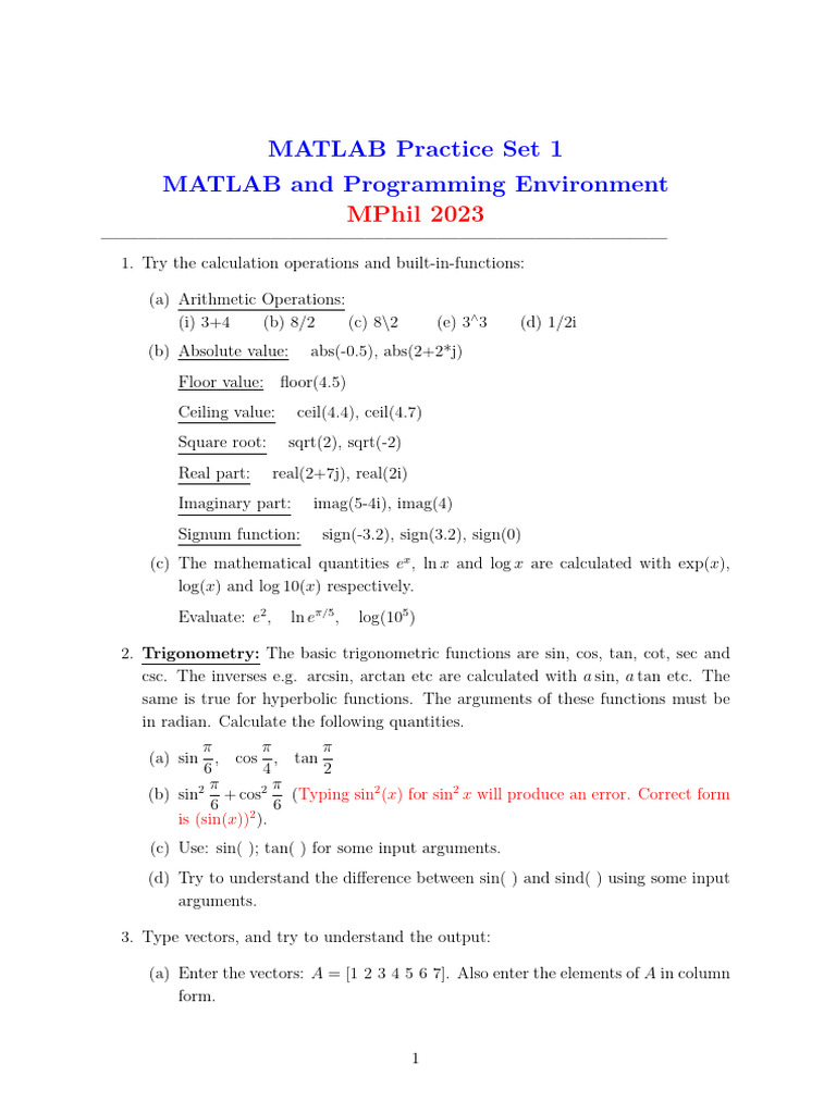Matlab Practice Set-1 | PDF
