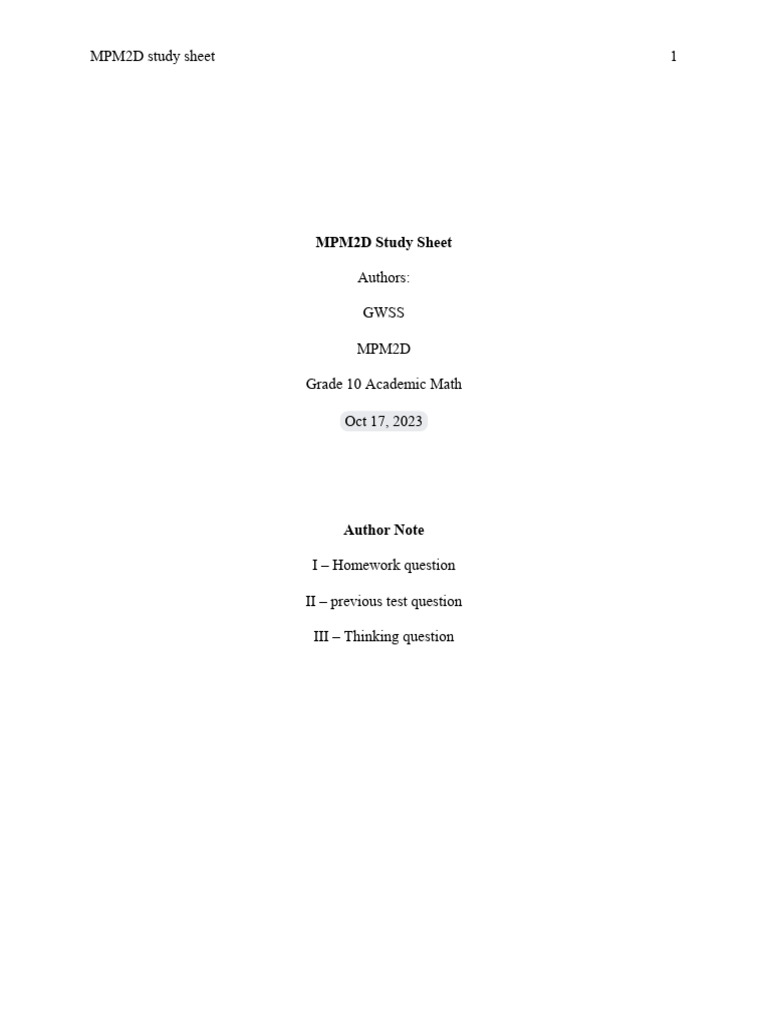 MPM2D Study Sheet Overview | PDF