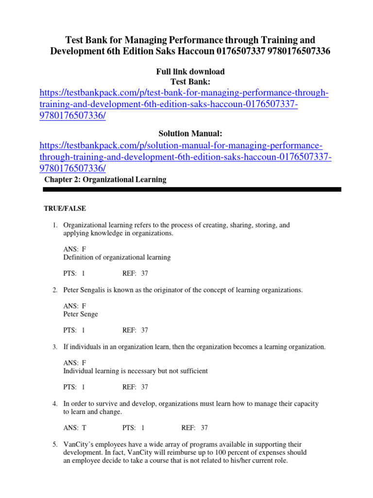 Test Bank For Managing Performance Through Training and Development 6th ...