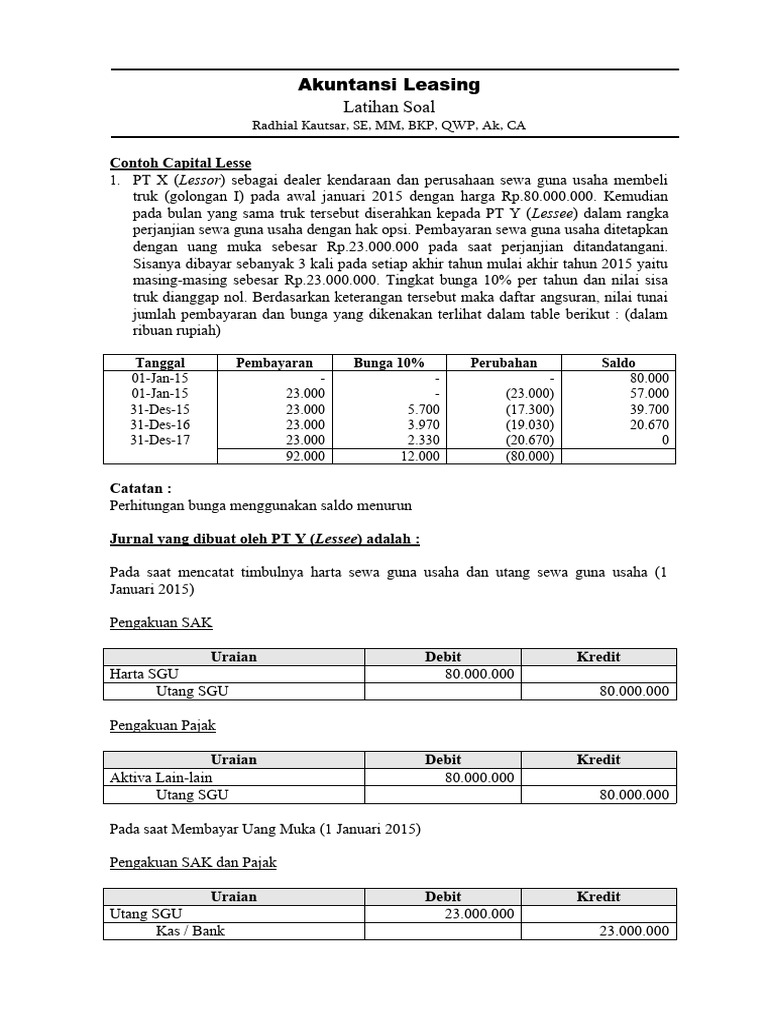 Contoh Soal dan Perhitungan Leasing | PDF | Pengelolaan Keuangan & Uang ...