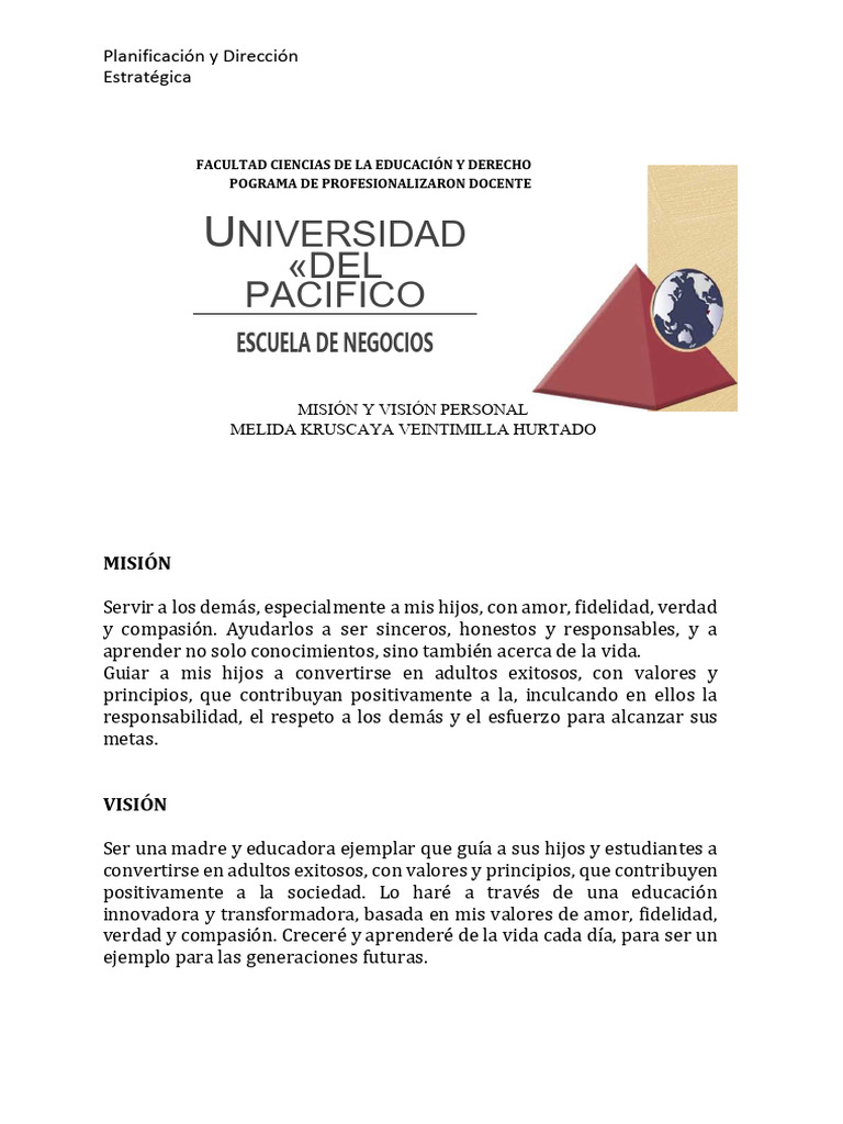 Misión y Visión de una Educadora | PDF | Crecimiento personal y ...