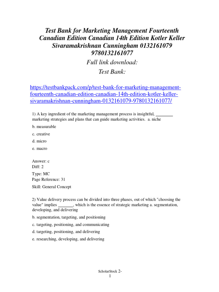 Test Bank For Marketing Management Fourteenth Canadian Edition Canadian ...