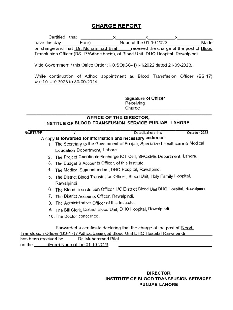 Blood Transfusion Officer Charge Report | PDF