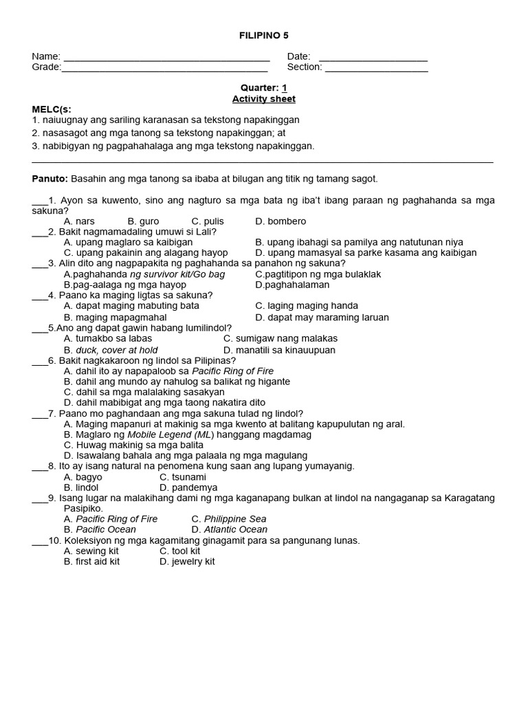 Grade 5-Q1-FILIPINO-LAS 1 | PDF