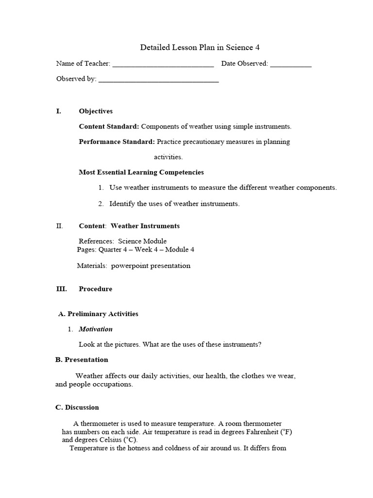 Weather Instruments Lesson Plan for Grade 4 | PDF