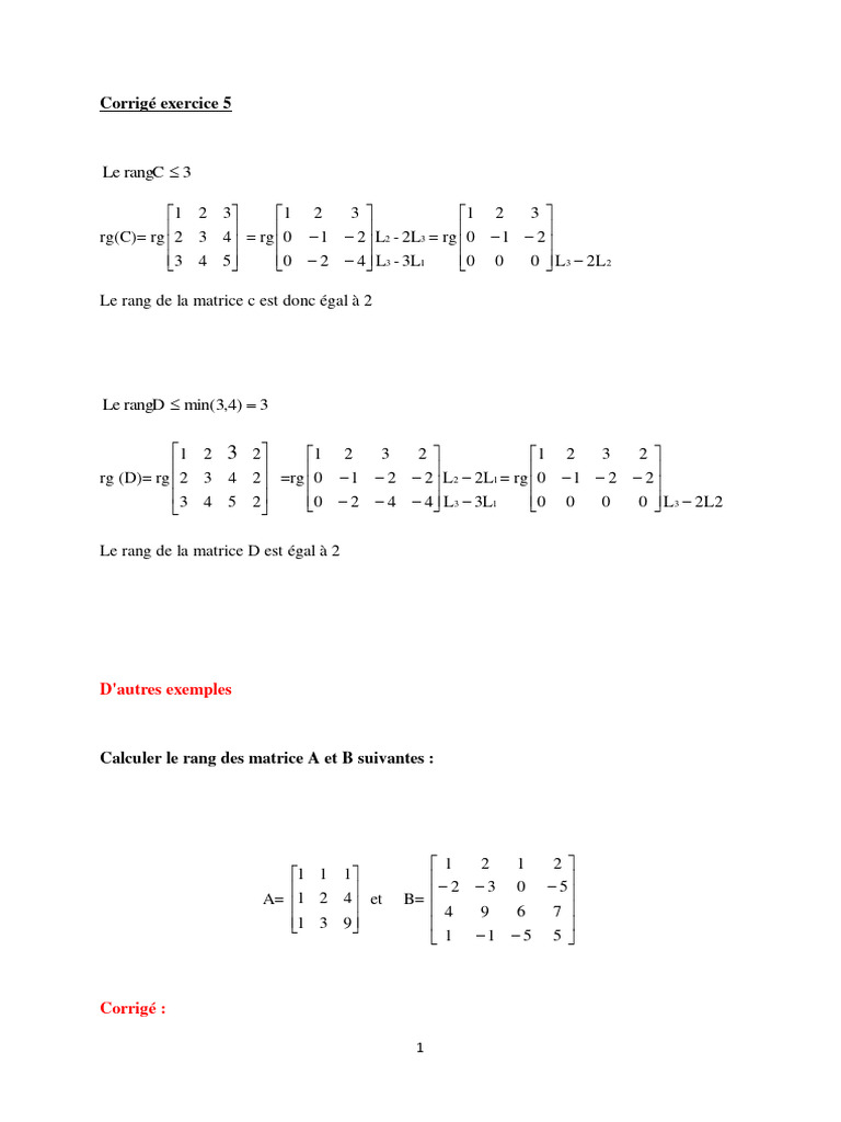 Corrigé de l'exercice 5 sur les matrices | PDF | Méthodes et références ...