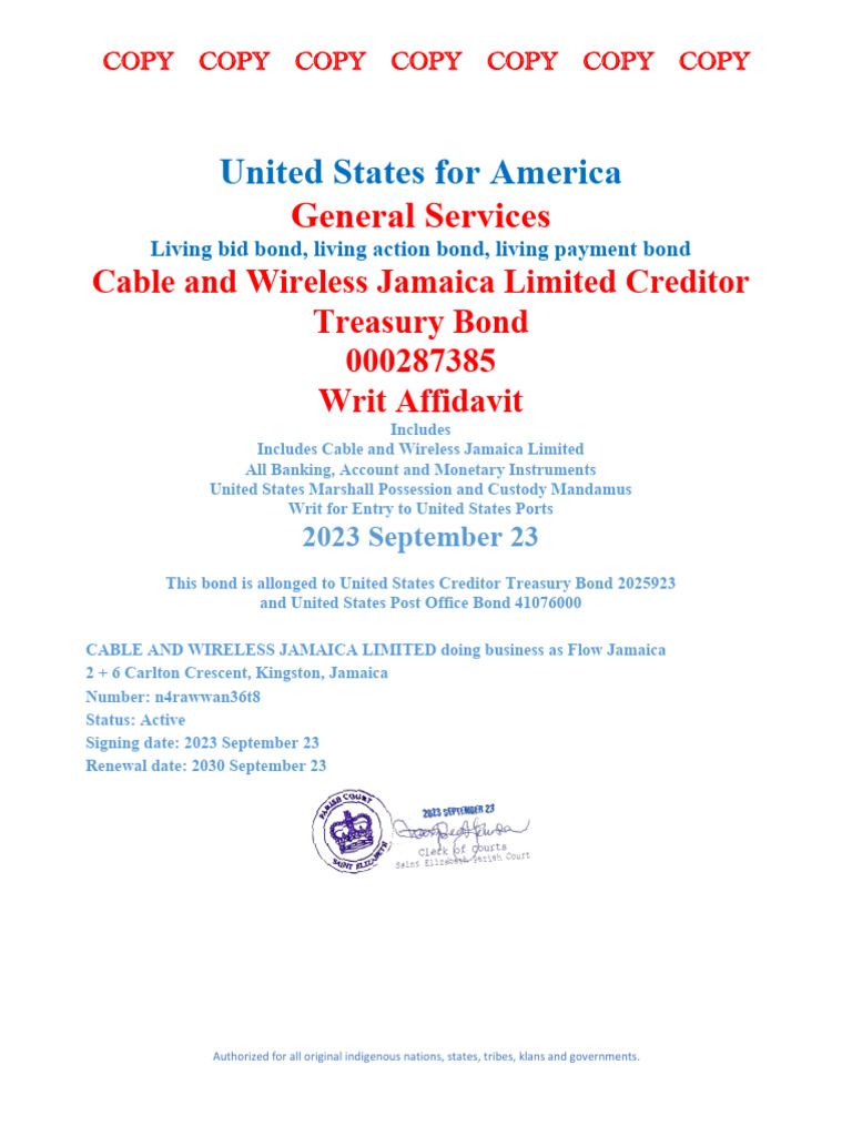 Cable and Wireless Jamaica Limited Flow Creditor Treasury Bond
